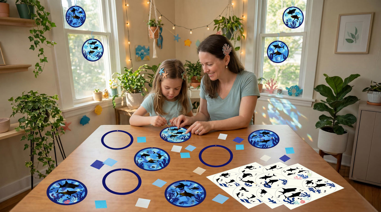 Renbuzhu 48PCS Summer Crafts: Paper Shark Suncatchers DIY Kits, Window Stained Glass Effect Art Supplies
