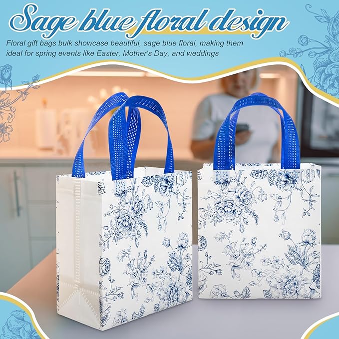 HunnmingRe 30 Pcs Blue Floral Gifts Bags Chinoiserie Wedding Welcome Bag Bulk Reusable Non Woven Tote Handbag for Bridal Baby Shower Birthday Tea Party Supplies