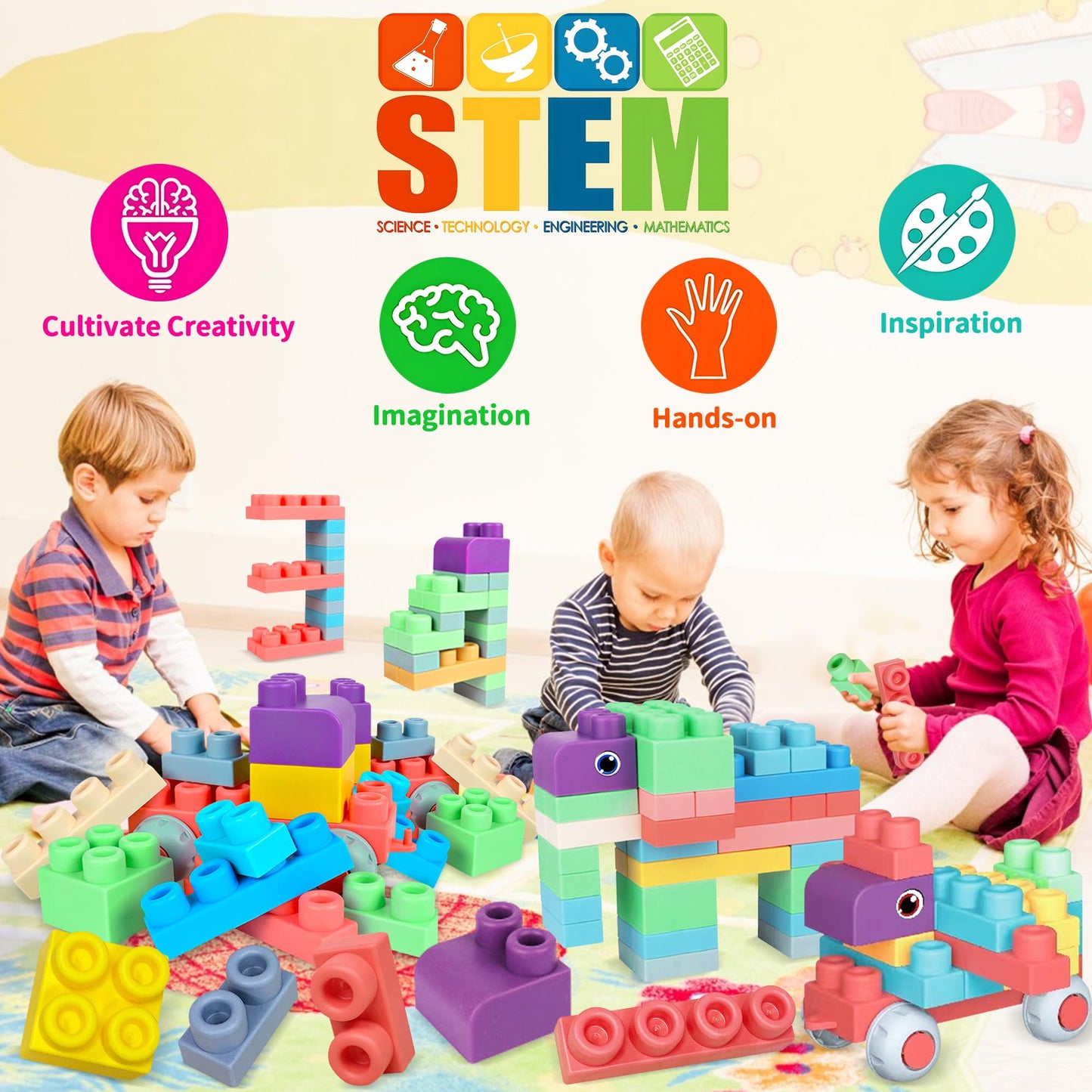 ROHSCE Baby Soft Blocks Set, Big Building Block Toys, Soft Rubber Blocks for Babies 6 Months and Up STEM Educational Toddler Gifts, Baby Soft Blocks Sensory Stacking Toys, 80PCS