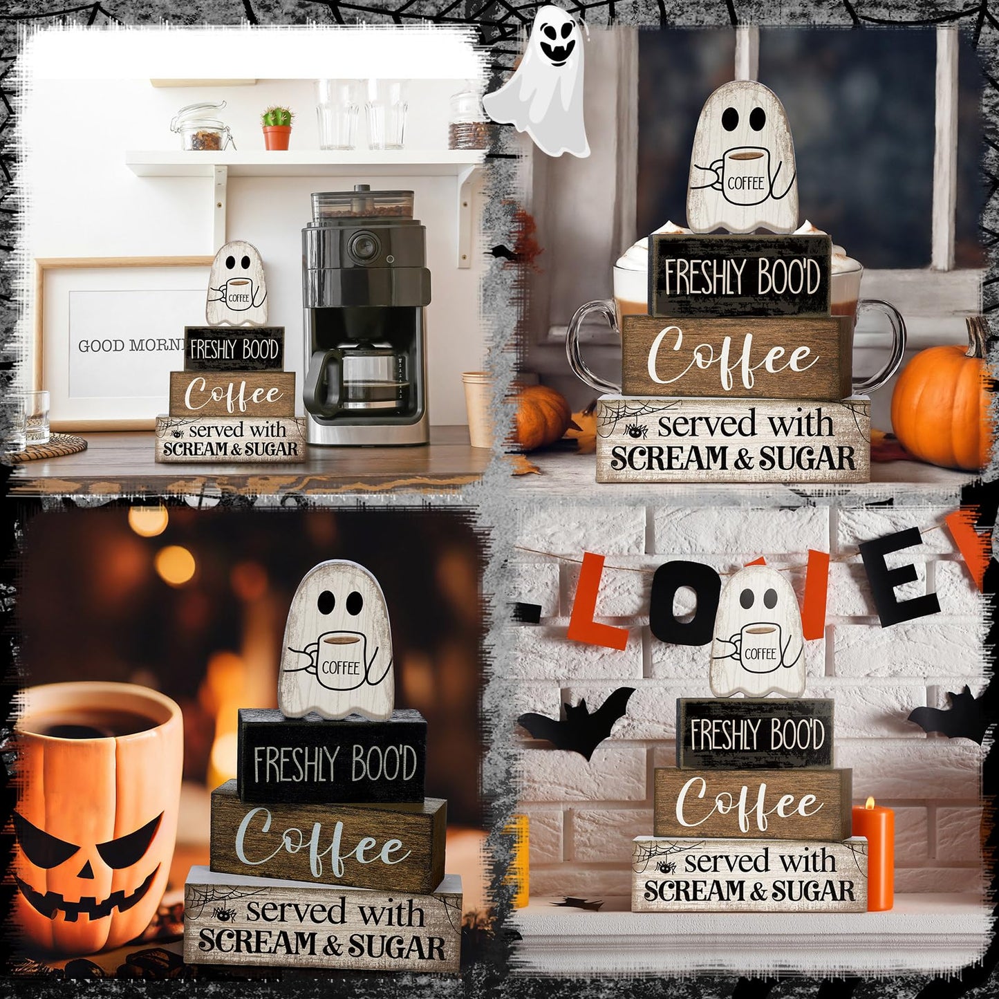 Lineshading 4 Pcs Halloween Table Decor Coffee Ghost Wooden Sign Halloween Tiered Tray Decor Farmhouse Ghost Tabletop Centerpiece Decorative Coffee Bar Block Signs for Home Office Kitchen Shelf