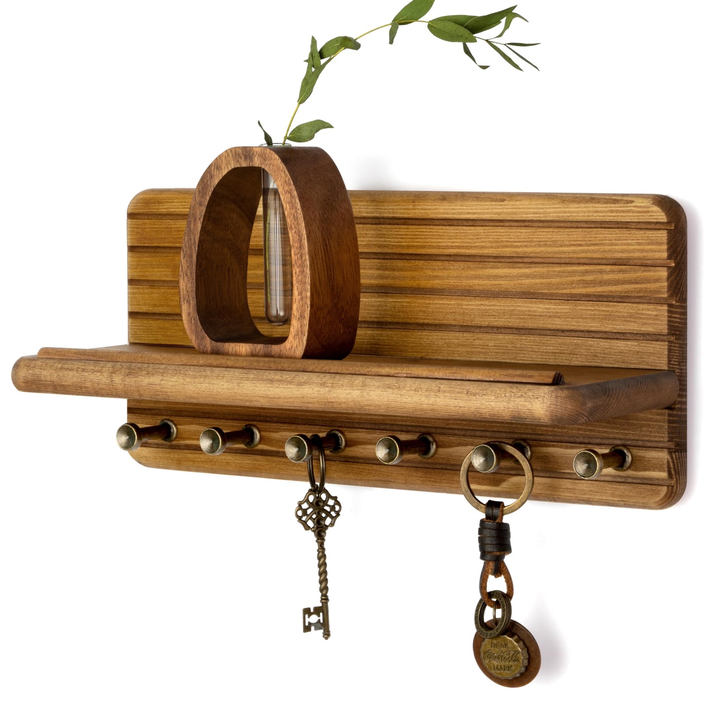 Rebee Vision Farmhouse Key Holder Wall Mount for Home Decor – Decorative 11-inch Pine Wooden Key Holder for Wall with 6 Hooks & Floating Shelf - Apartment Essentials for Tidy Space (Light Brown)