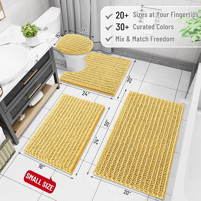 Arotive Luxury Chenille Bathroom Rug Mat, Extra Soft Thick Absorbent Shaggy Bath Rugs, Non-Slip Machine Wash Dry, Plush Bath Mats for Bathroom, Shower and Tub, 30x20, Yellow