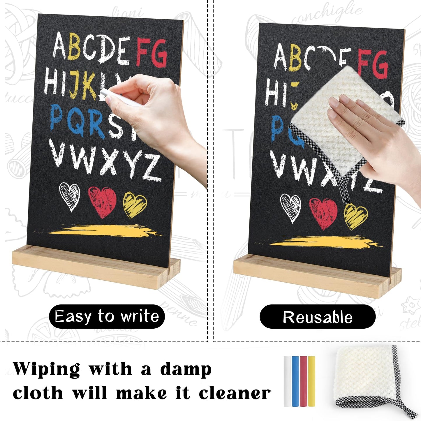 BOUBONI 3 Packs Small Chalkboard Sign 5.1x7.9 Inch With Wood Base - Double-Sided Message Boards Menu Stand for Kitchen, Wedding, Bar and Restaurant