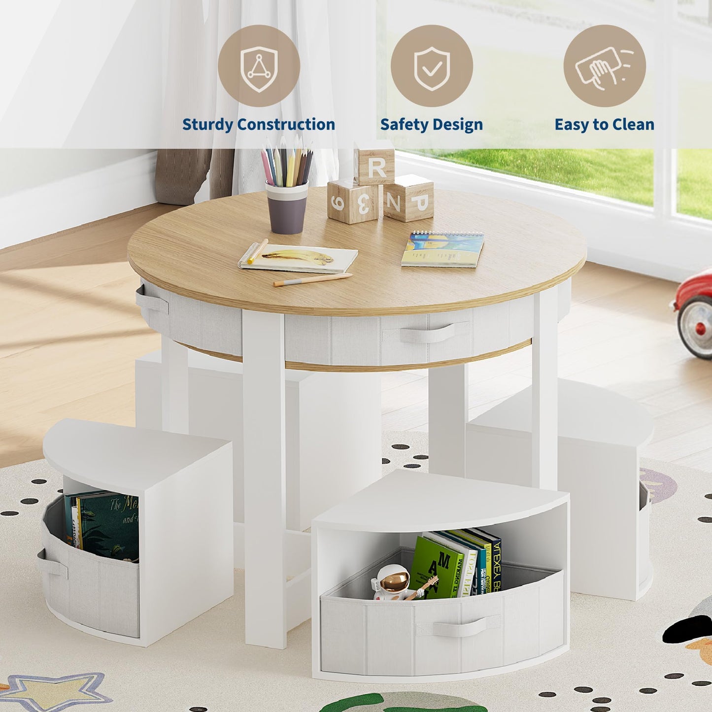 Kids Table and Chair Set, 5 Pieces Wooden Round Nesting Design Children Multi-Activity Table With 4 Storage Stools & 4 Fabric Drawers, Toddler Table and Chair Set for Play/Art/Reading/Craft