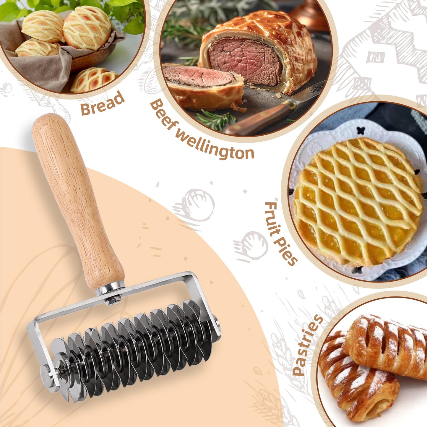 JuyVerq Pastry Lattice Roller Cutter, Stainless Steel Lattice Dough Cutter Wood Handle, Professional Pastry Crust Cutter, Household Time-Saver Cutting Tool Pie Bread Beef Wellington Pizza