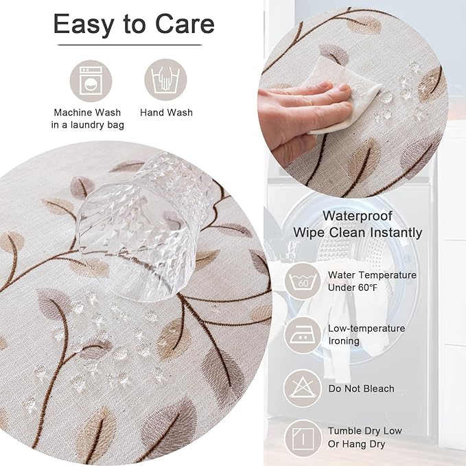 Joyfol Day Rectangle Linen Tablecloth, Heavy Duty Waterproof Tablecloths, Farmhouse Embroidery Leaves Table Cloth with Tassels, Soft Wrinkle Free Table Cover, Coffee Vines, 55''x 120''