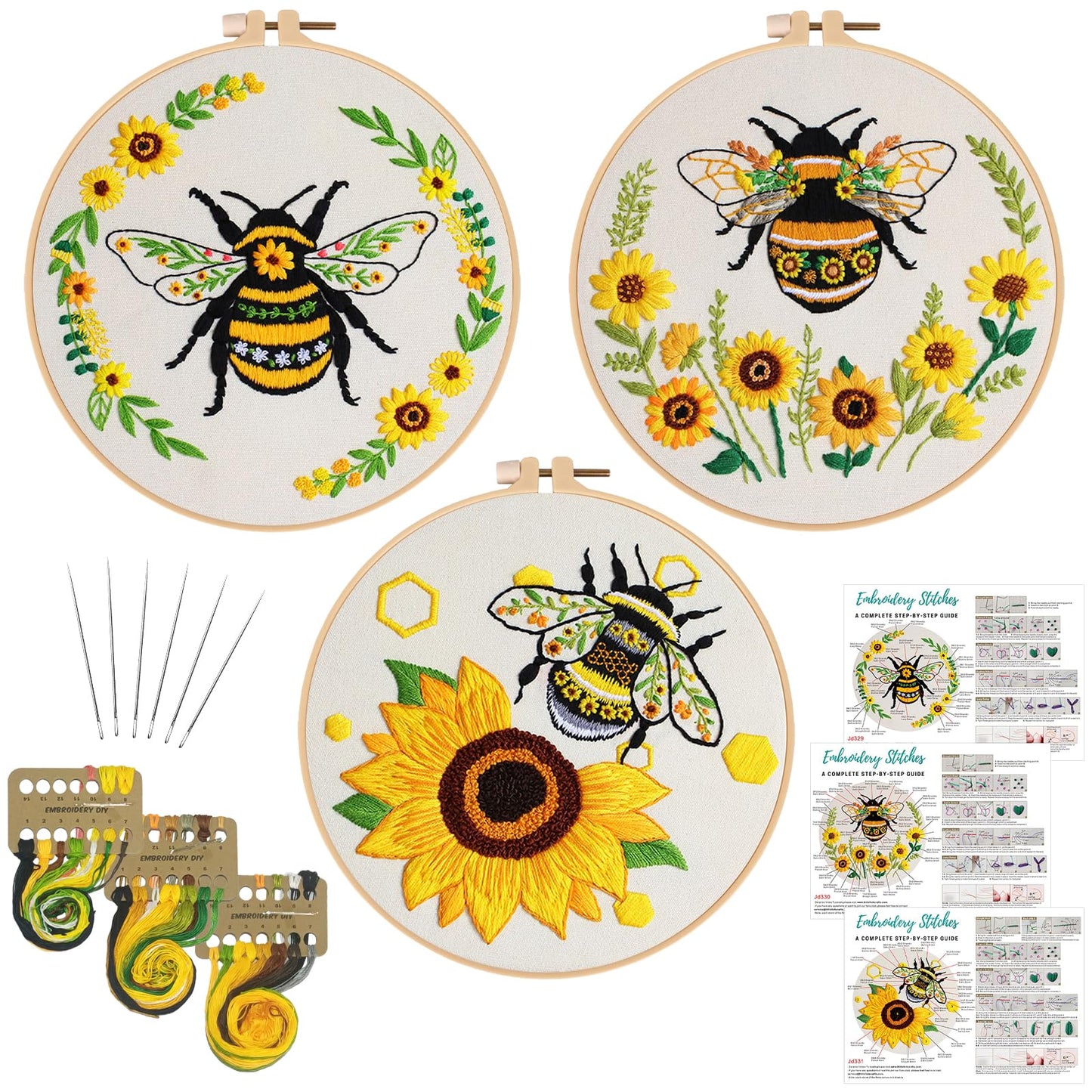 Nuberlic 3 Pack Embroidery Kit for Beginner Adults, Cross Stitch Set with Cute Bee Patterns, Includes Cloth, Hoops, Threads, Needles, Instructions