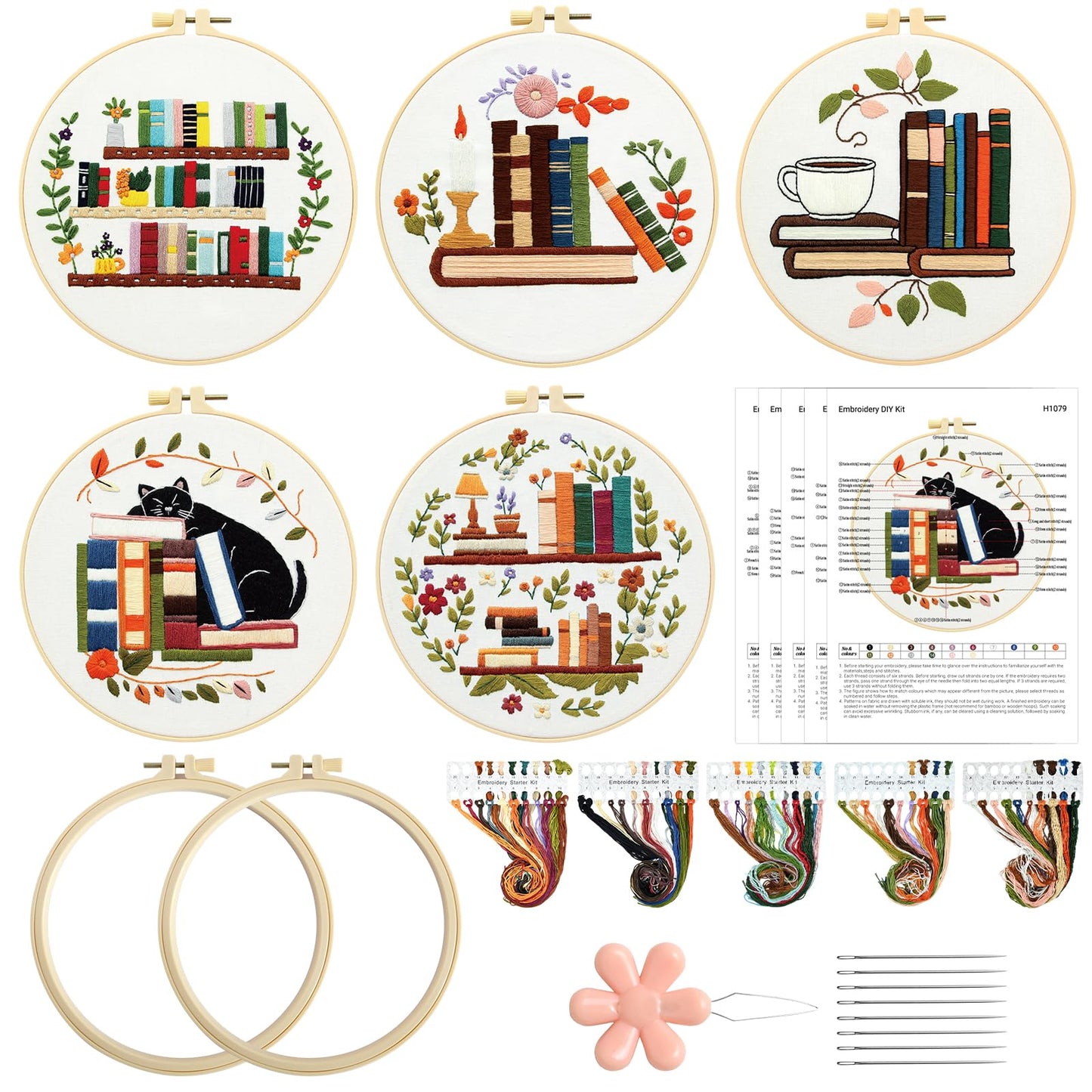 Kuabiz 5 Sets Embroidery Kits for Beginners Cross Stitch Kit for Adults Highland Book Pattern Embroidery Starter Kit Embroiderys Hoop Needlepoint Kits with Instruction Needles Threads