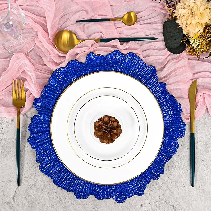 Pesonlook 50Pcs Royal Blue Charger Plates Round 13inch, Reef Plate Chargers for Dinner, Bulk Plastic Floral Table Charger Plates for Dinner Wedding Party Event Table Setting Decoration(Royal Blue)