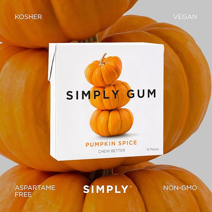 SIMPLY Gum Pumpkin Spice, Plastic-Free Natural Chewing Gum, 6 Pack (90 Pieces) | Vegan, Kosher, Non GMO, Aspartame Free and Sorbitol Free
