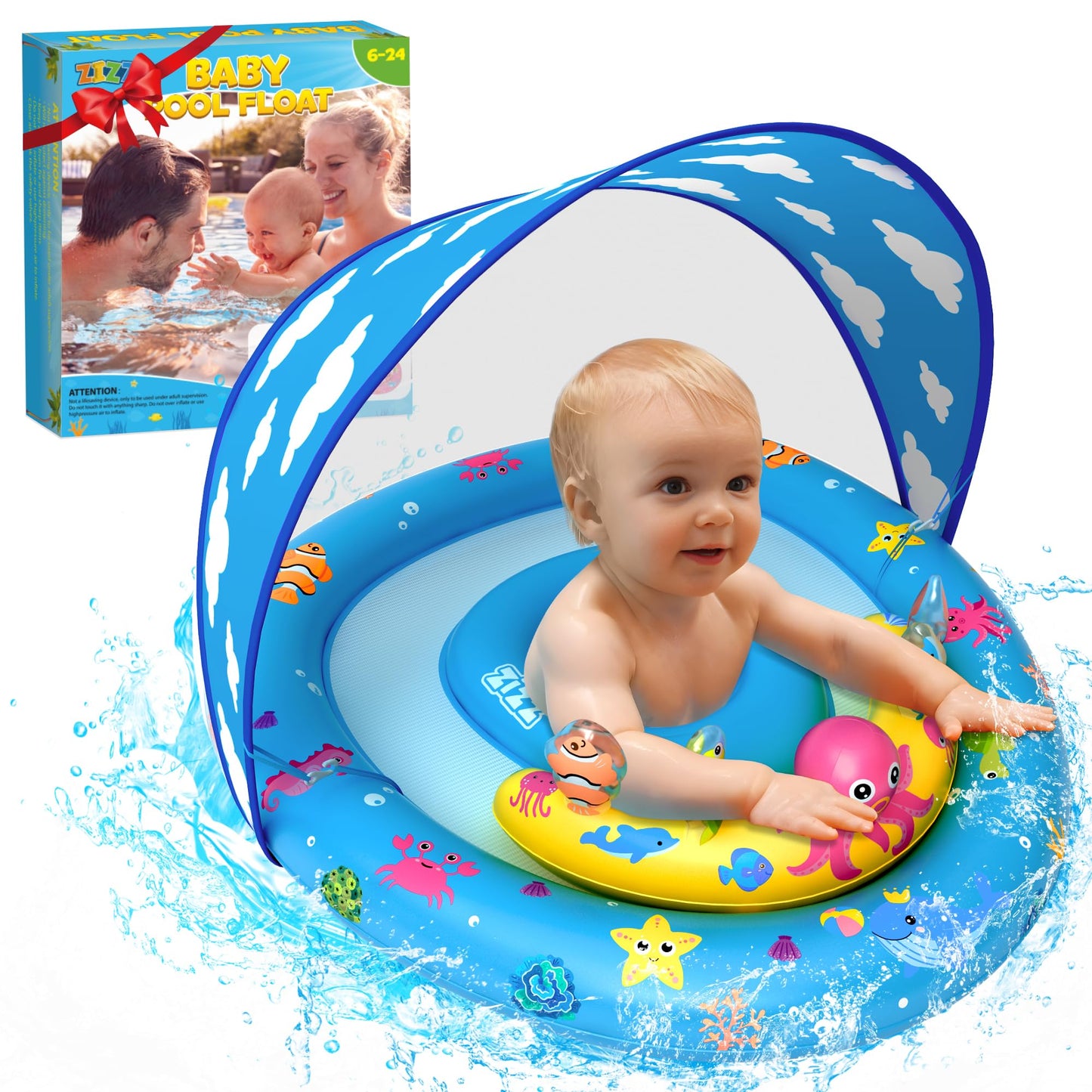 ZIZZ Baby Pool Float with Canopy - Inflatable Baby Swimming Float with UPF50+Sun Protection, Infant Pool Float with Toy Play Console Adjustable Seat for Boys Girls Toddler 6-36 Months