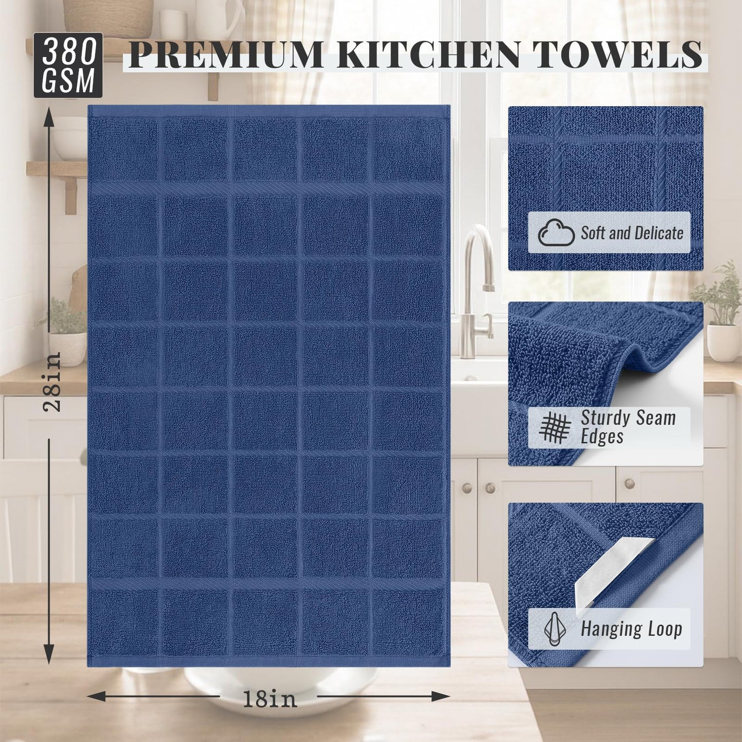 Homaxy Premium Kitchen Towels 18"x28", 6 Pack Large Cotton 380 GSM Dish Towels, Soft and Absorbent Kitchen Hand Towels with Terry Grid Design, Utility Tea Towel Set with Hanging Loop, Navy Blue