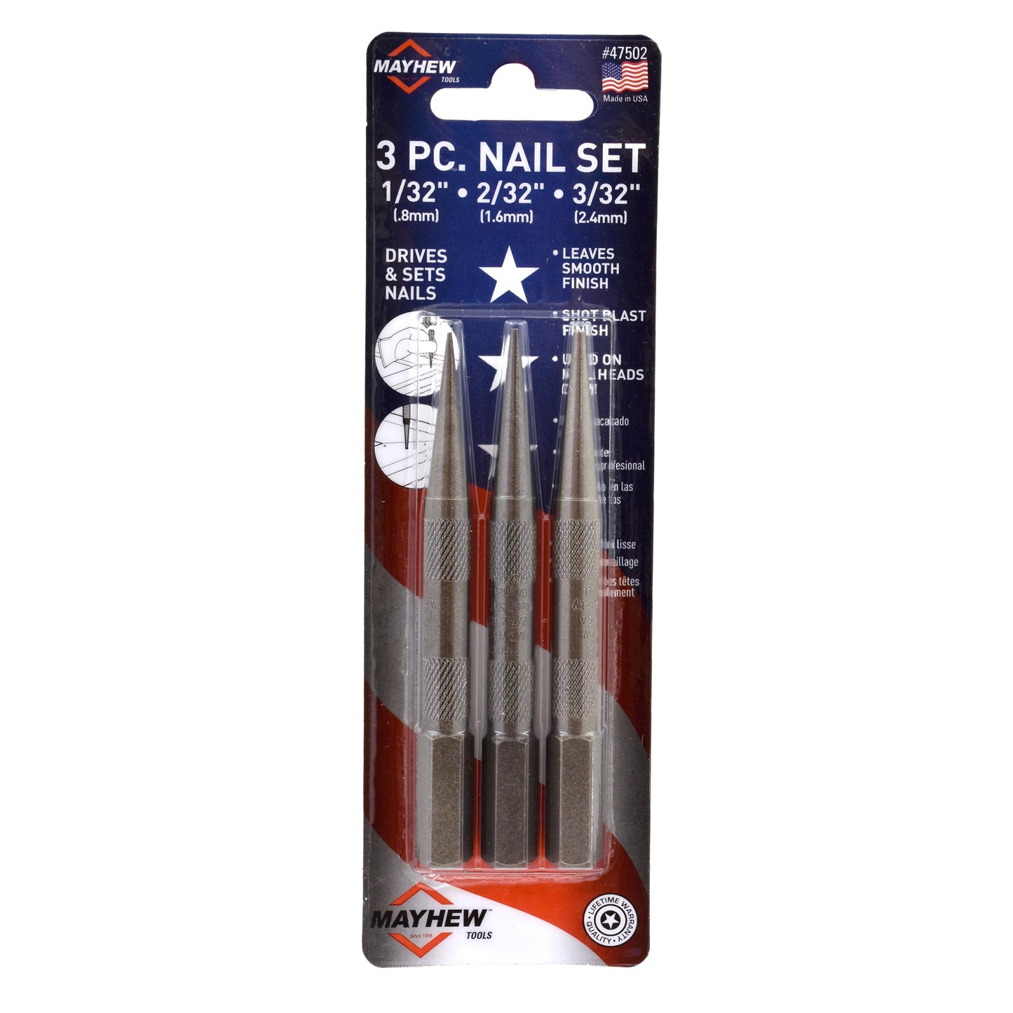 Mayhew 47502 1-2-3/32-Inch Carded Nail Set, 3-Piece