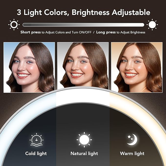 LitBear Travel Makeup Mirror with Lights, Rechargeable Double-Sided 10X/1X Magnifying Mirror, Portable Lighted Beauty Mirror, 3 Color Lighting, Dimmable Touch Screen, Tabletop Handhold Hanging (Blue)