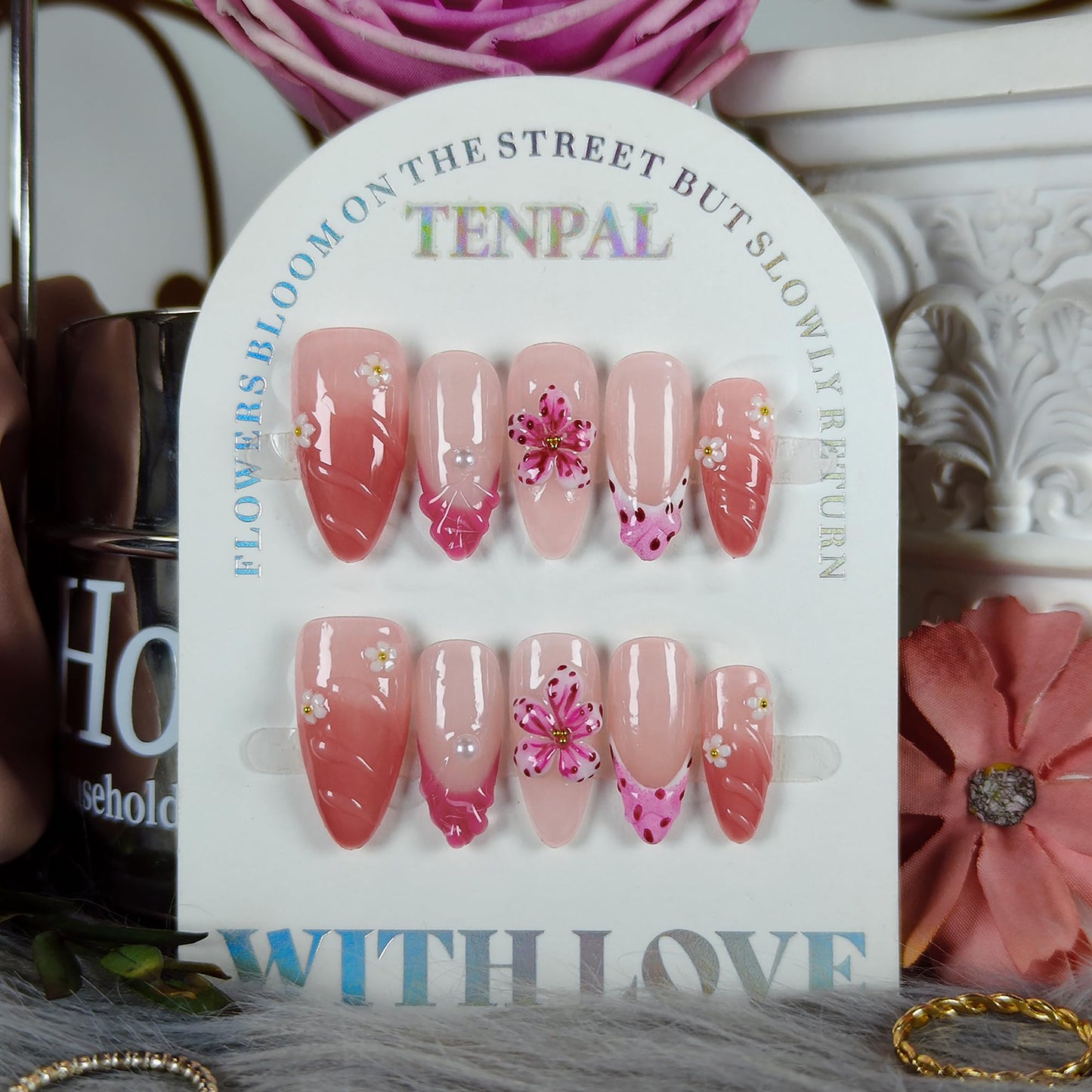 TENPAL Almond Press on Nails - Pink French Ombre & 3D Texture with Polka Dot & Wave Carving, Reusable & Handmade False Nails for Spring Summer | Sweet Watercolor Style(L）