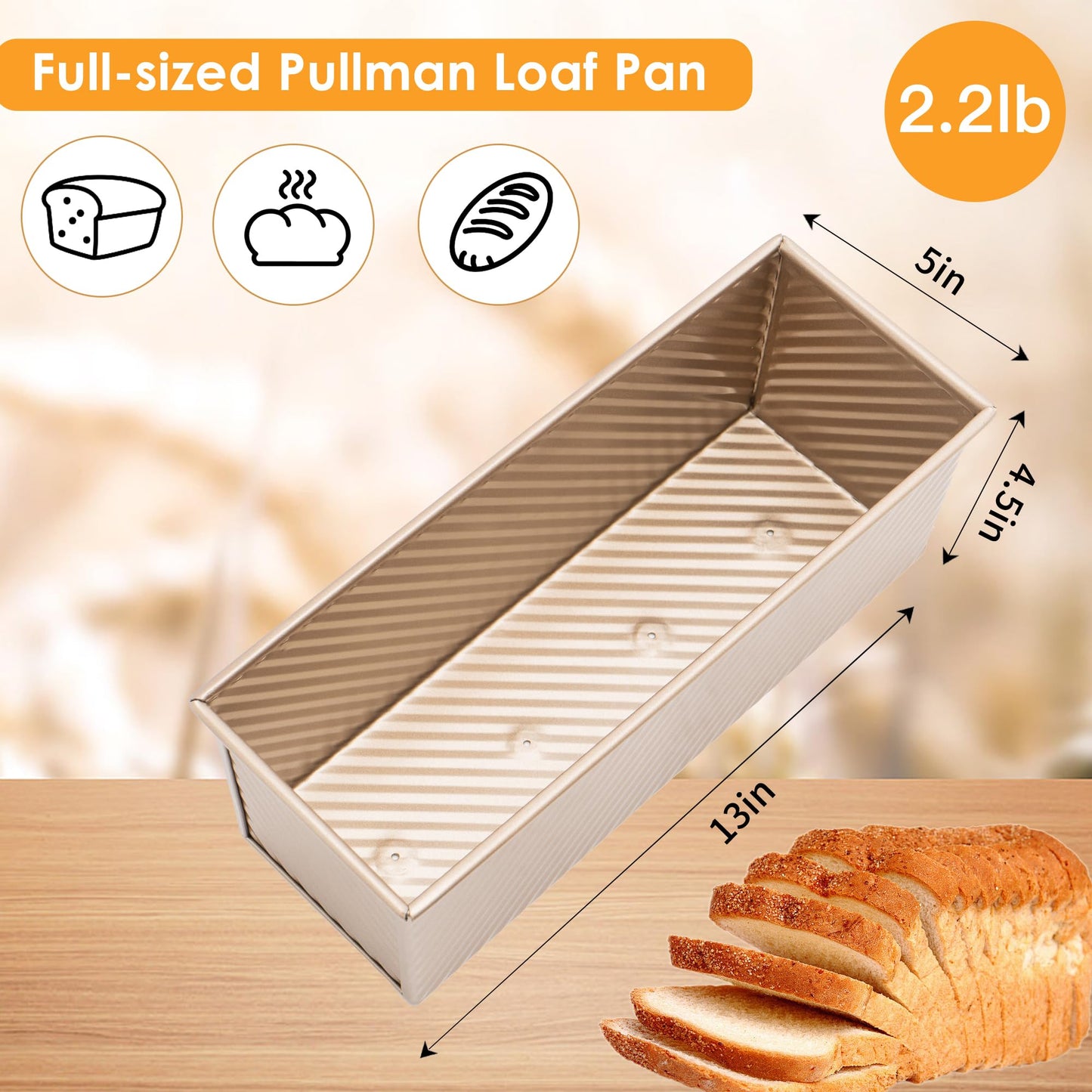 Spmarkt Bread Pan, 13 * 5inch Aluminized Steel Non-Stick Rectangle Pullman Loaf Pan with Lid, Long Sourdough Bread Loaf Pan for Homemade, Deep Bread Tin with Dough Scraper Cutter