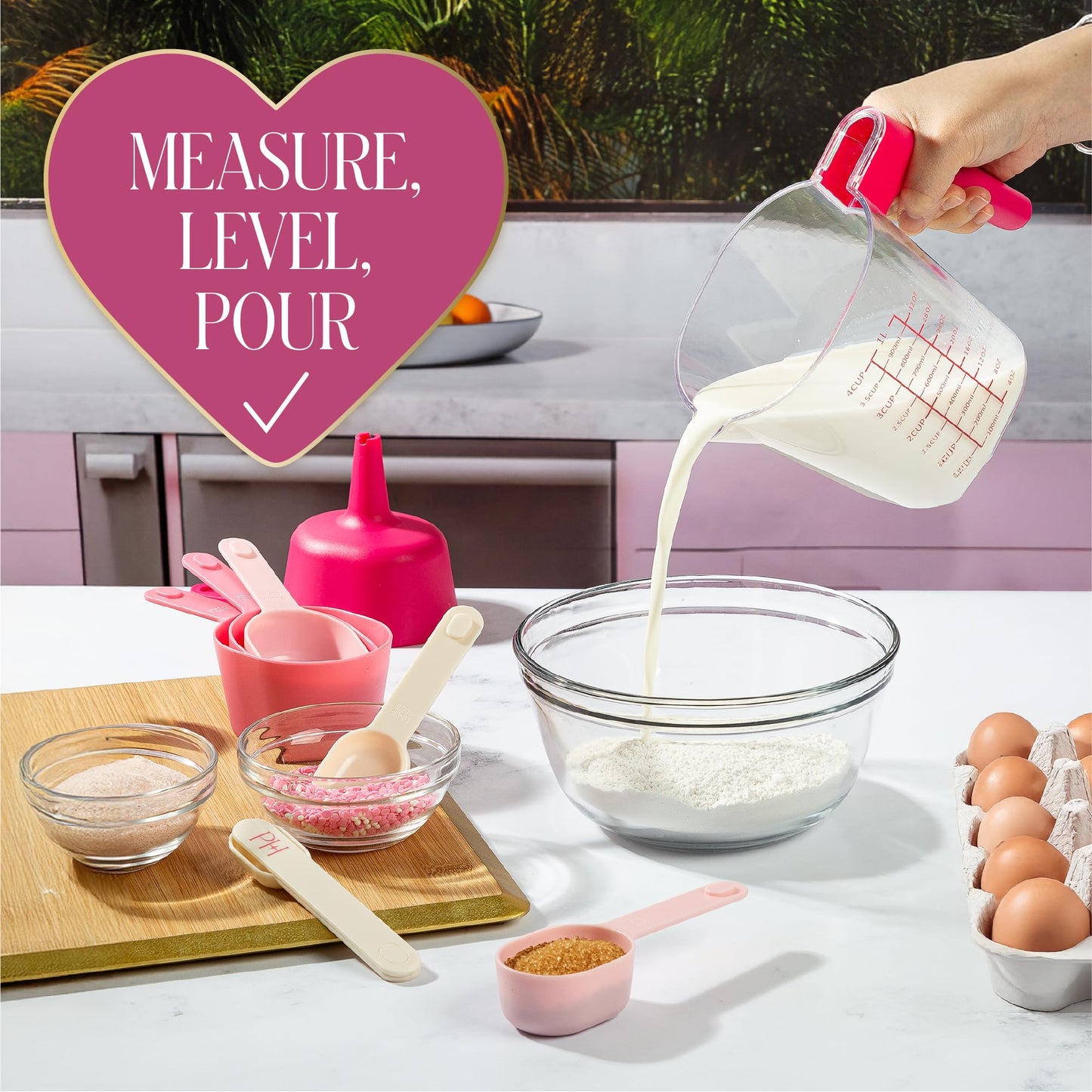 Paris Hilton 9-Piece Measuring Set, Durable Plastic Measuring Cups and Spoons With Funnel and Leveler, Dishwasher Safe, Pink