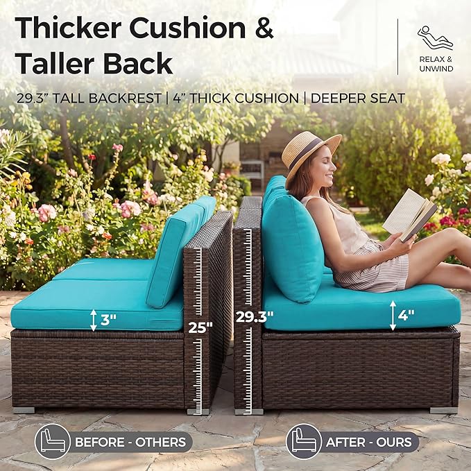 NICESOUL 7 Piece Patio Furniture Set with Natural Gas/Propane Firepit, 29.3'' High Back Comfy Outdoor Conversation Sofa Sets, Deep Seat Sectional Couch for Heavy Weight, Brown Rattan and Teal Cushion
