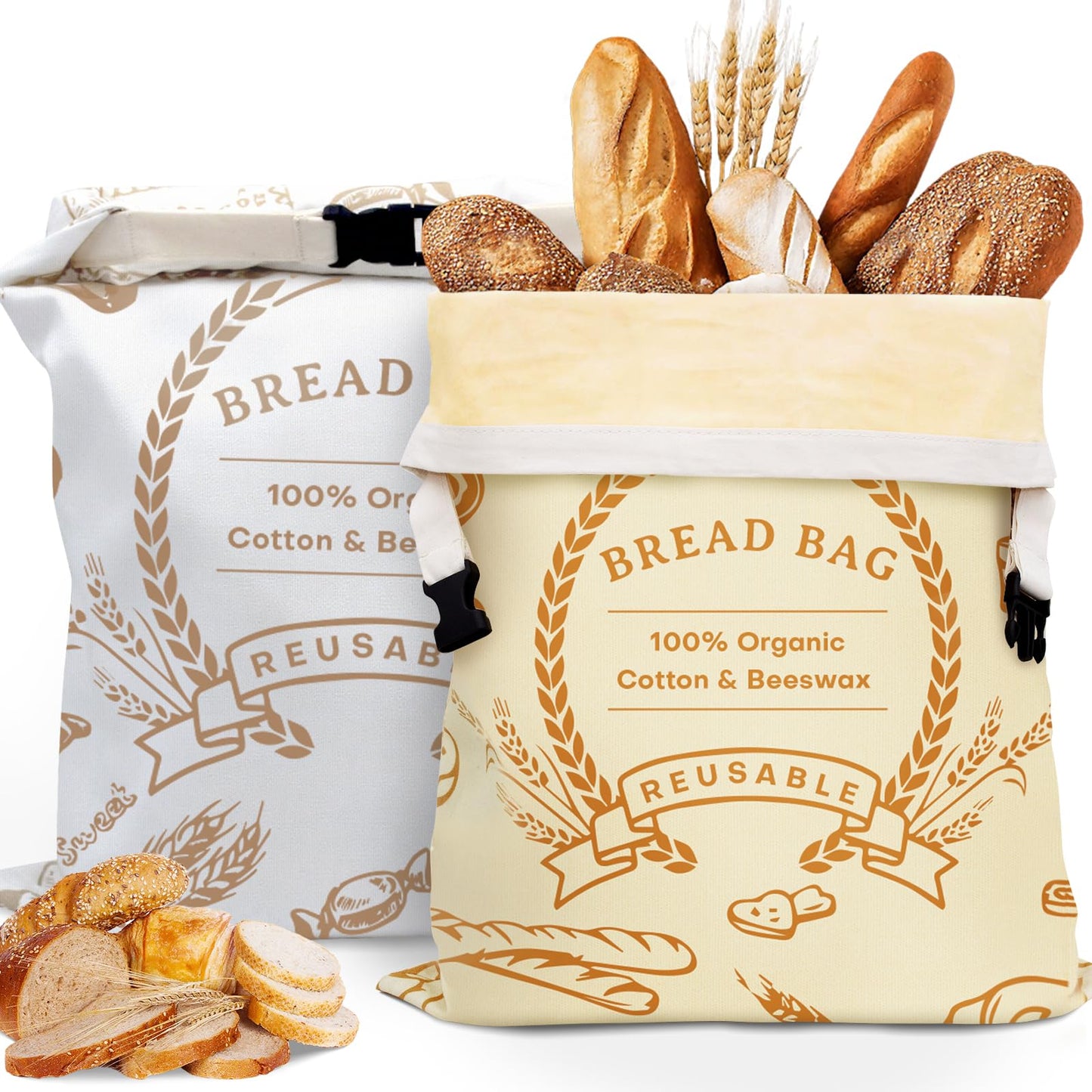 2 Pack Beeswax Bread Bags for Sourdough & Homemade Bread - Natural Cotton Sourdough Reusable Beeswax Food Storage Bag, Freezer-Safe, Keep Bread Fresh