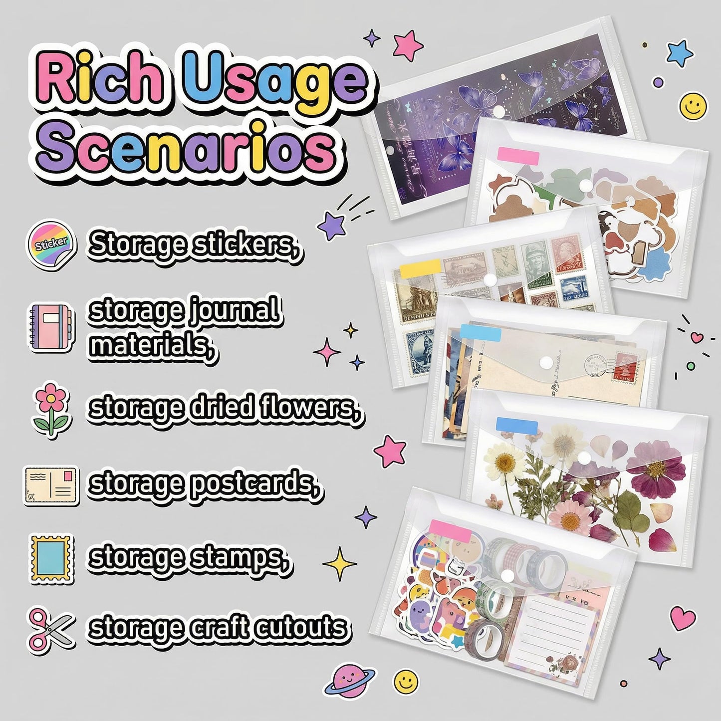 Sticker Organizer, Clear Plastic Envelopes with Snap, 12 Pack Waterproof and Durable for Sticker Storage, Scrapbook Storage, Washi Tape, Scrapbooking & Stamping Supplies (9.5 x 4 Inches)