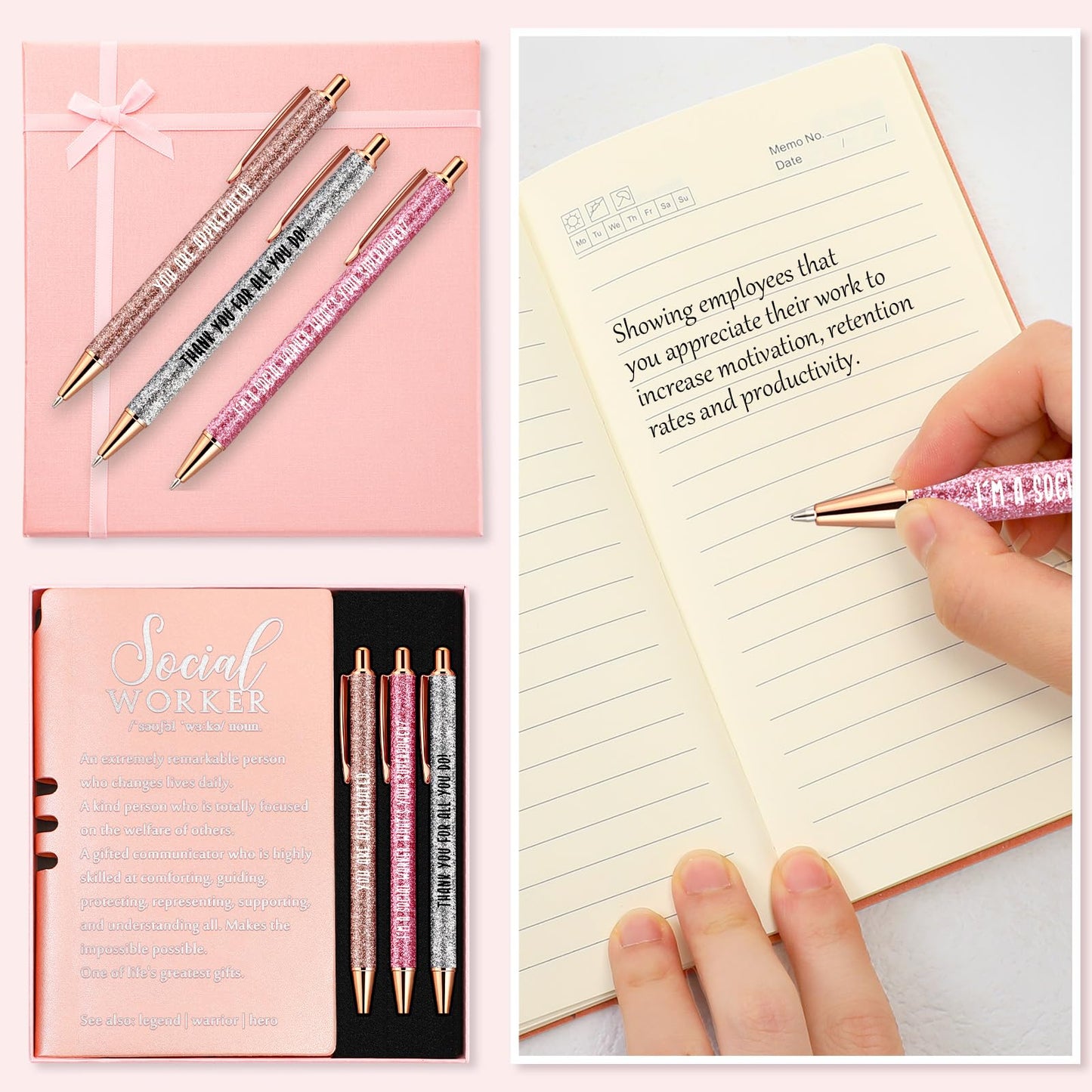 Resurhang 5 Pcs School Social Worker Must Haves Office Supplies Graduation Gift Leather Journal Notebook 3 Ballpoint Pens with Box Thank You Social Work Appreciation Gift for BSW MSW DSW(Pink)