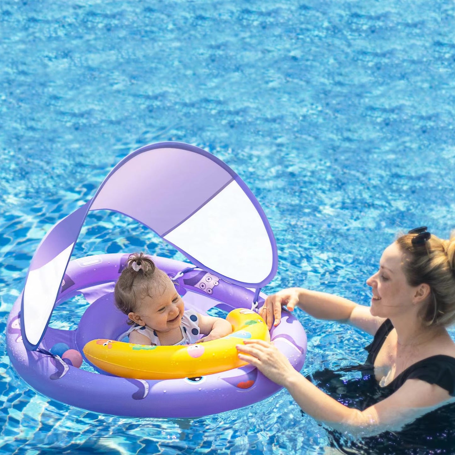 AnbQuik Baby Pool Float with Removable UPF50+ Sun Protection Canopy, Octopus Baby Swim Floats for 6-24 Months Infant, Extra Wide Dual Design, Adjustable & Breathable Seat