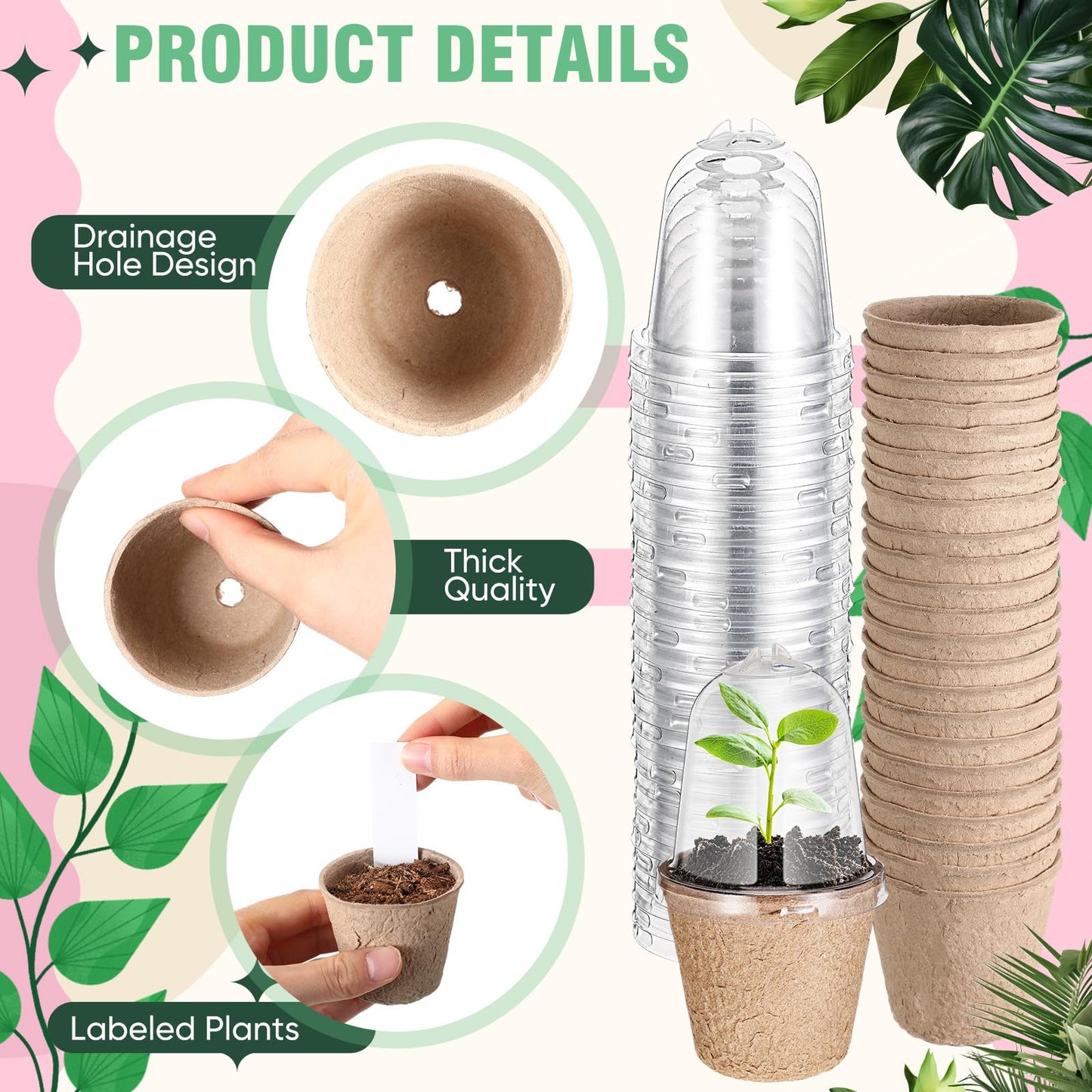 Baderke 120 Pcs Biodegradable Nursery Pots with 30 Humidity Dome and 30 Labels, 3.15" Plant Nursery Seed Starter Planter Biodegradable Peat Pots for Planting Seedlings, Vegetables (Round)
