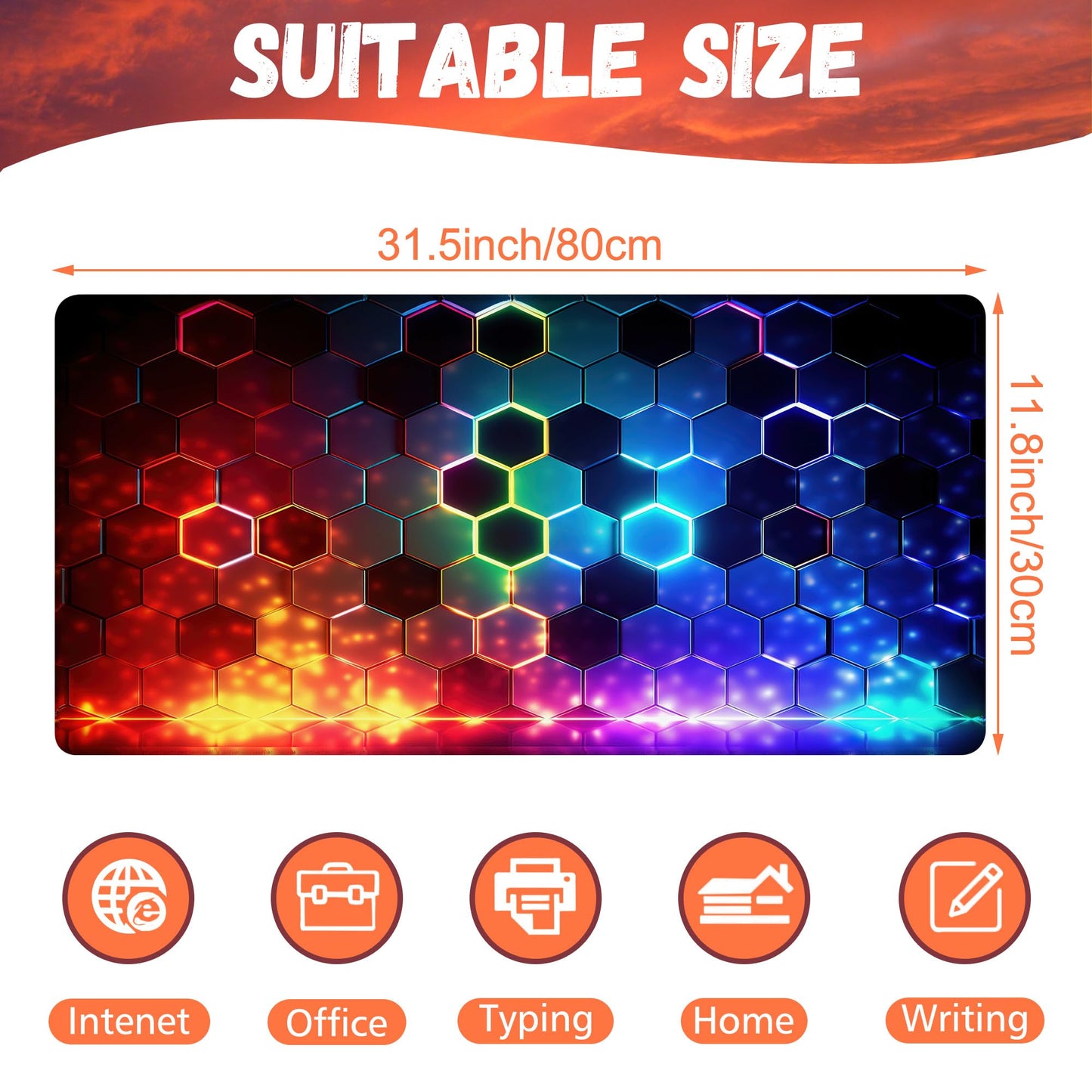 KOAIWPAE Desk Mat, Colorful Honeycomb Technology Desk Pad,Hexagonal Honeycomb Large Gaming Mouse Pad for Desk,31.5"x15.7" Extended Big Computer Keyboard Mouse Pad with Non-Slip Base and Stitched Edge