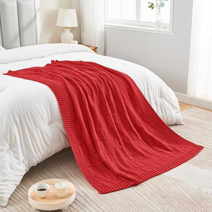 CozeCube Check Knit Throw Blanket, Christmas Red Checkered Bedroom Blanket for Couch, Soft Cozy Warm Knitted Blanket for Bed Sofa Living Room, Decorative Spring Fall Throw Blanket, 50"X60"