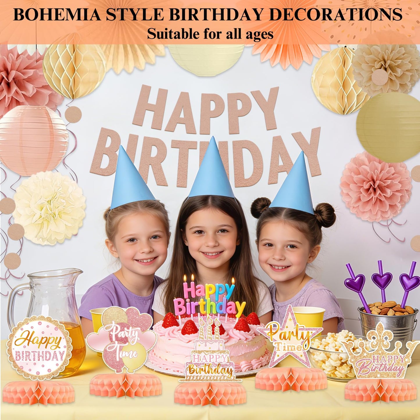 Birthday Party Decorations, Champagne Gold Beige Fall Boho Girl Birthday Decor, Rustic Backdrop Decor Autumn Neutral Retro Happy Banner with Paper Streamers Lanterns, Tissue Pom Poms Fan