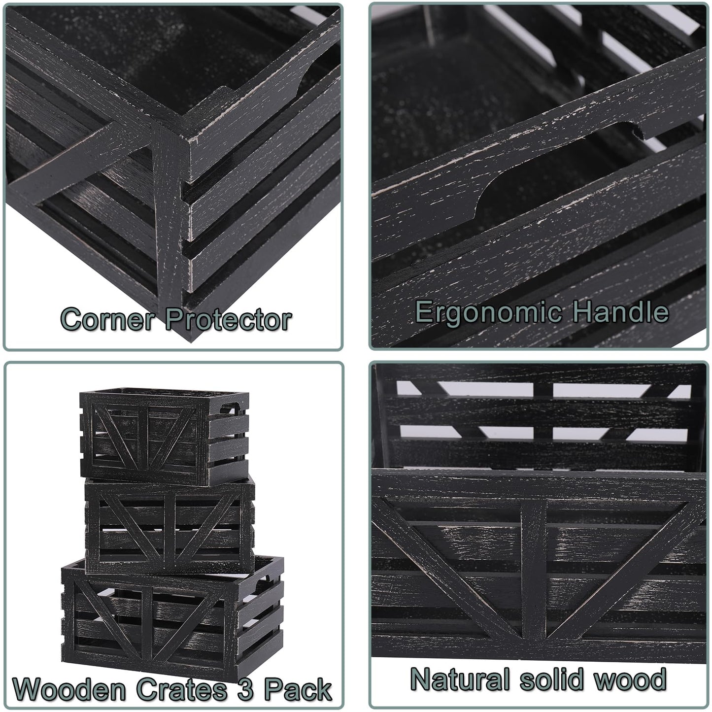 HTAYUXWO Storage Crates Nesting Wooden Boxes 3 Pack,Wood Storage Crates with Handles,Rustic Farmhouse Crates,Wooden Storage Container for Display