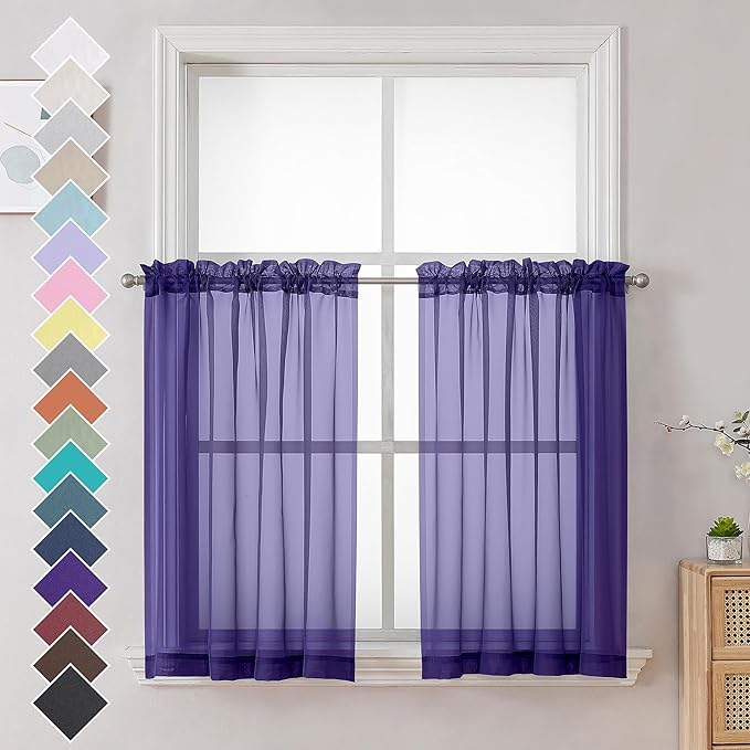 OVZME Purple Kitchen Sheer Curtains 36 inches Long, Short Kitchen Window Treatment Solid Sheers Cafe Curtains Bathroom Voile Half Window Curtains 2 Panels for Laundry Room, Rod Pocket, 42" Wx36 L