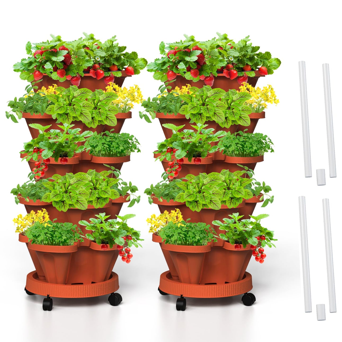 Tectsia Strawberry Vertical Planters 2 Pack, 5 Tiered Stacking Tower Garden with Support Pole, Stackable Herb Vegetable Planters Indoor Outdoor Terra Cotta