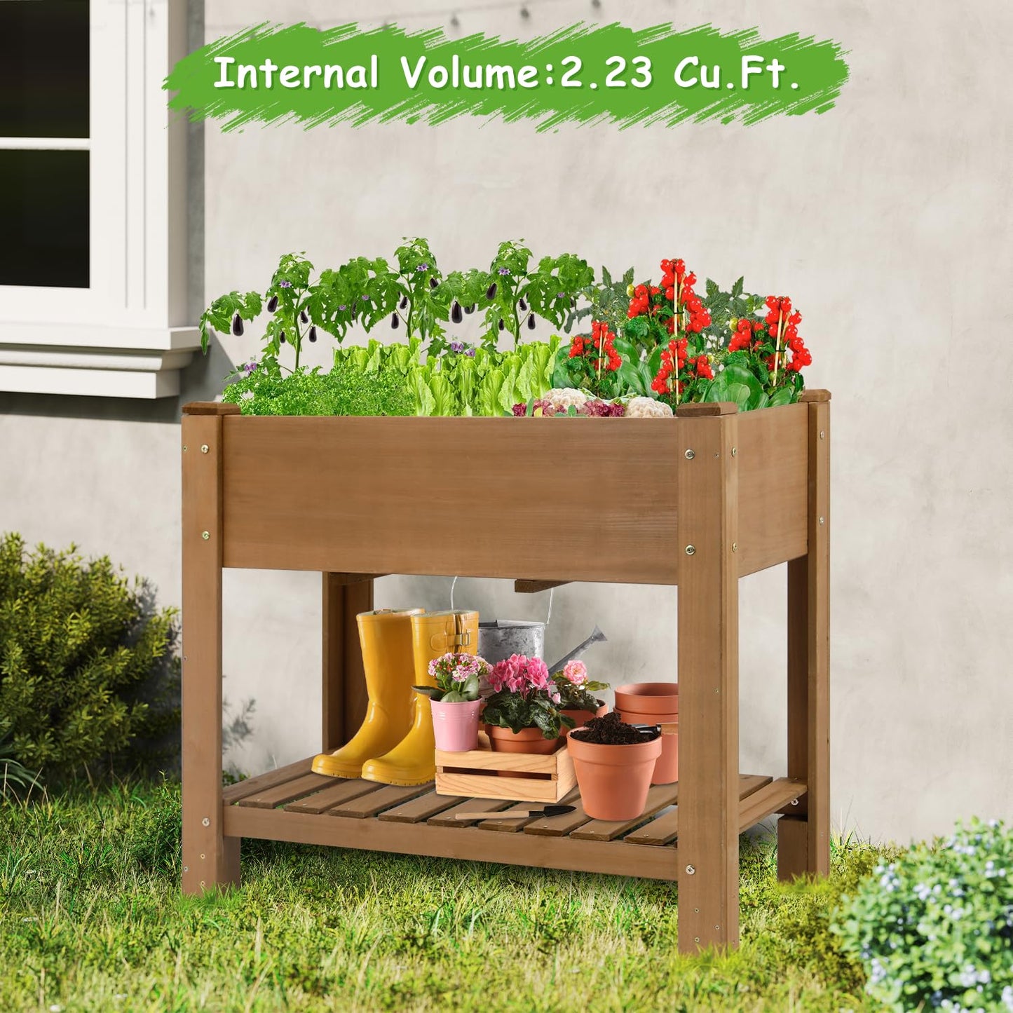 PetsCosset Raised Garden Bed Wooden Elevated Planter Box with Legs, Protective Liner Reinforced for Vegetables Herbs Flowers for Outdoor Patio Backyard Balcony Gardening (33.46 X 17.9 X 29.72 inches)