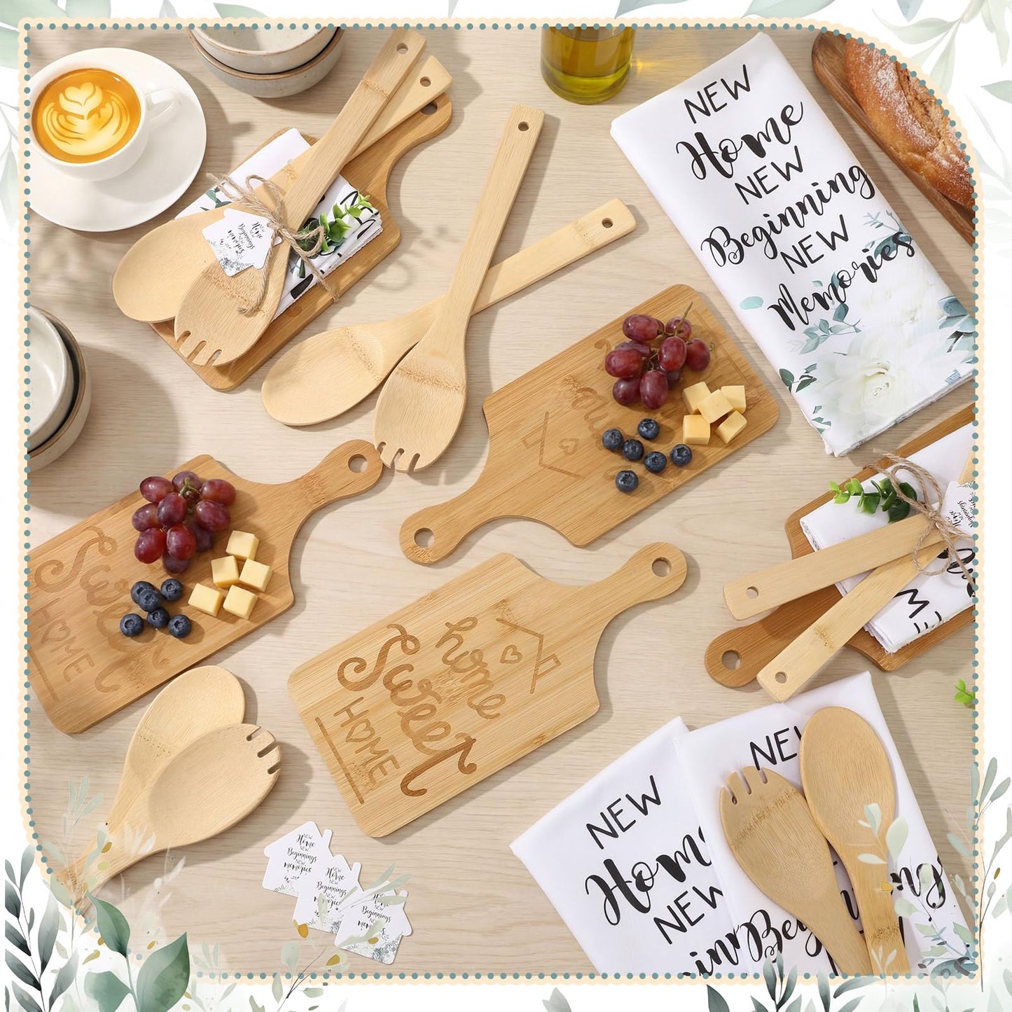 Geelin 31 Pcs/5 Sets Housewarming Gifts Engraved Cutting Board New Home Beginning Memories Kitchen Towels Cards Bamboo Spoons House Warming Gift Set for Homeowner Neighbor Couple Apartment Kitchen