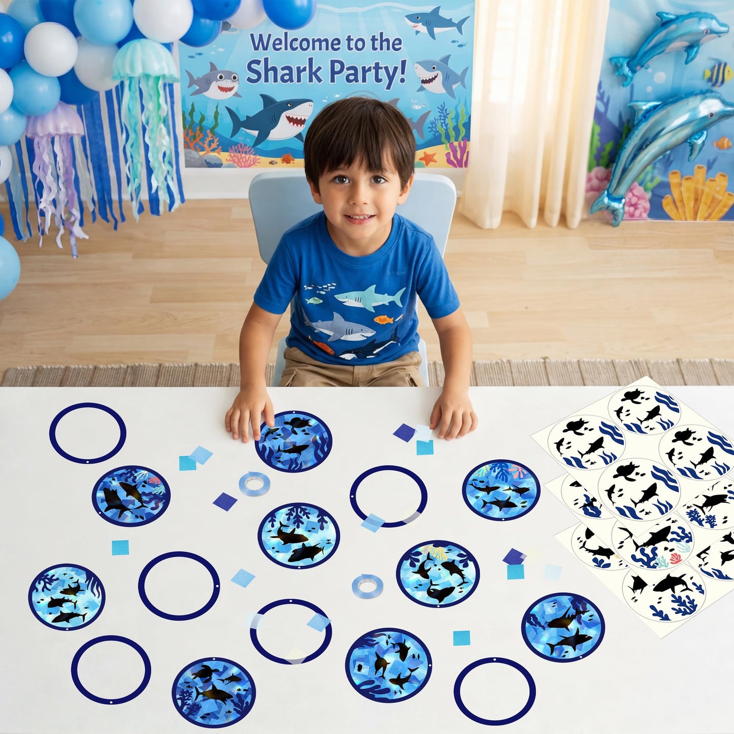 Renbuzhu 48PCS Summer Crafts: Paper Shark Suncatchers DIY Kits, Window Stained Glass Effect Art Supplies