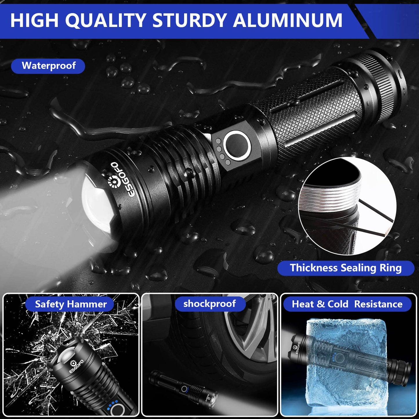 Esgofo Flashlights High Lumens 100000 Rechargeable, Super Bright Handheld LED Flash Light, Powerful Emergency Linternas, Waterproof, Long Lasting, for Hiking Camping Gift