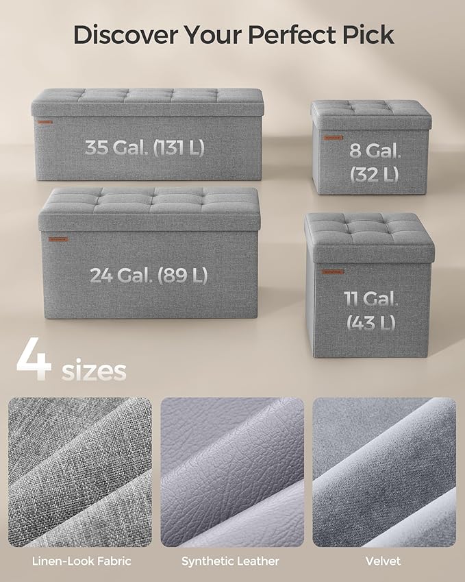 SONGMICS MAZIE Collection - 43 Inches Folding Storage Ottoman Bench, Ottoman Foot Rest, End of Bed Bench, Storage Chest, Load 660 lb, for Living Room, Bedroom, Entryway, Light Gray ULSF77G