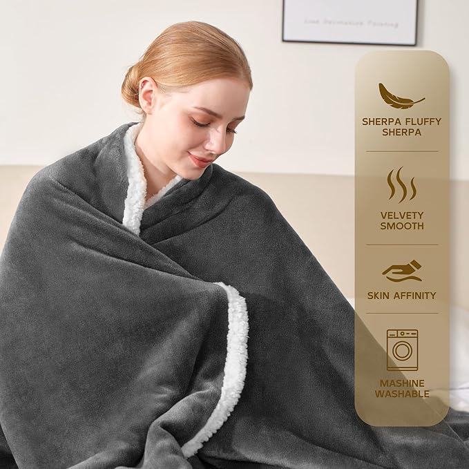 BEAUTEX Sherpa Fleece Throw Blanket Twin Size for Couch - Thick and Warm Blanket for Winter, Fluffy Flannel Plush Twin Blanket, Fuzzy Grey Cuddle Blankets for Couch Bed Sofa (60" x 80", Grey)