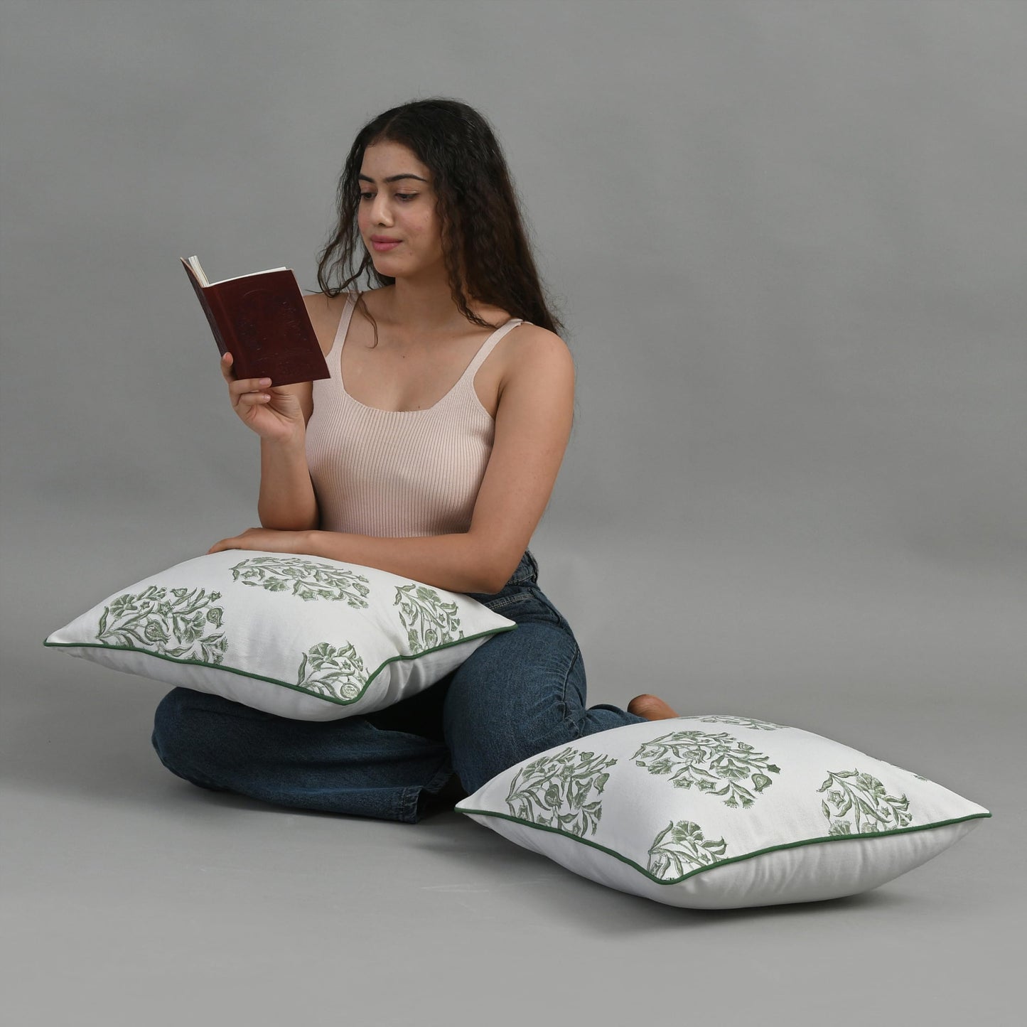 CPC Sage Green Block Print Throw Cushion Cover 20 x 20 Inch Set 2 - Decorative Boho Floral Pillow Case for Living Room, Bed, Sofa, Couch, Home Decor Cushion Cover Gift for Spring, Mother's Day