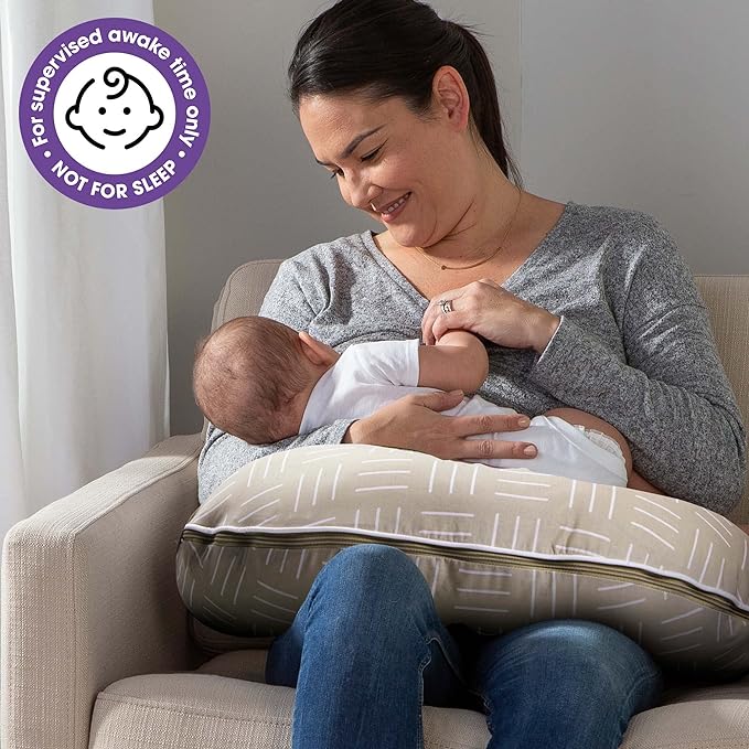 Boppy Organic Original Nursing Pillow, Sand Criss Cross, Ergonomic Nursing Essentials for Bottle and Breastfeeding, Firm Hypoallergenic Fiber Fill with 100% Organic Cotton Pillow Cover