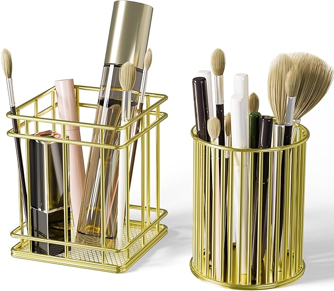 Makeup Holder - Cosmetic Brushes Storage Holder, Makeup Brush Organizer for Dressing Table, Gold, 2 Pack.