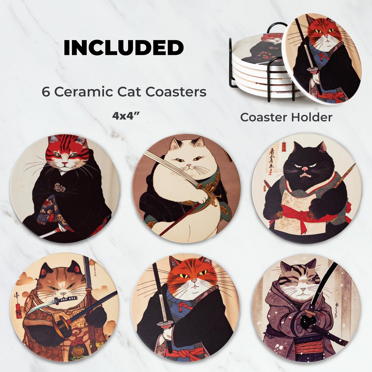 Gifts for Cat Lovers - Ninja Cat Coasters - Anime Cat Decor - Set of 6 Drink Coasters with Holder