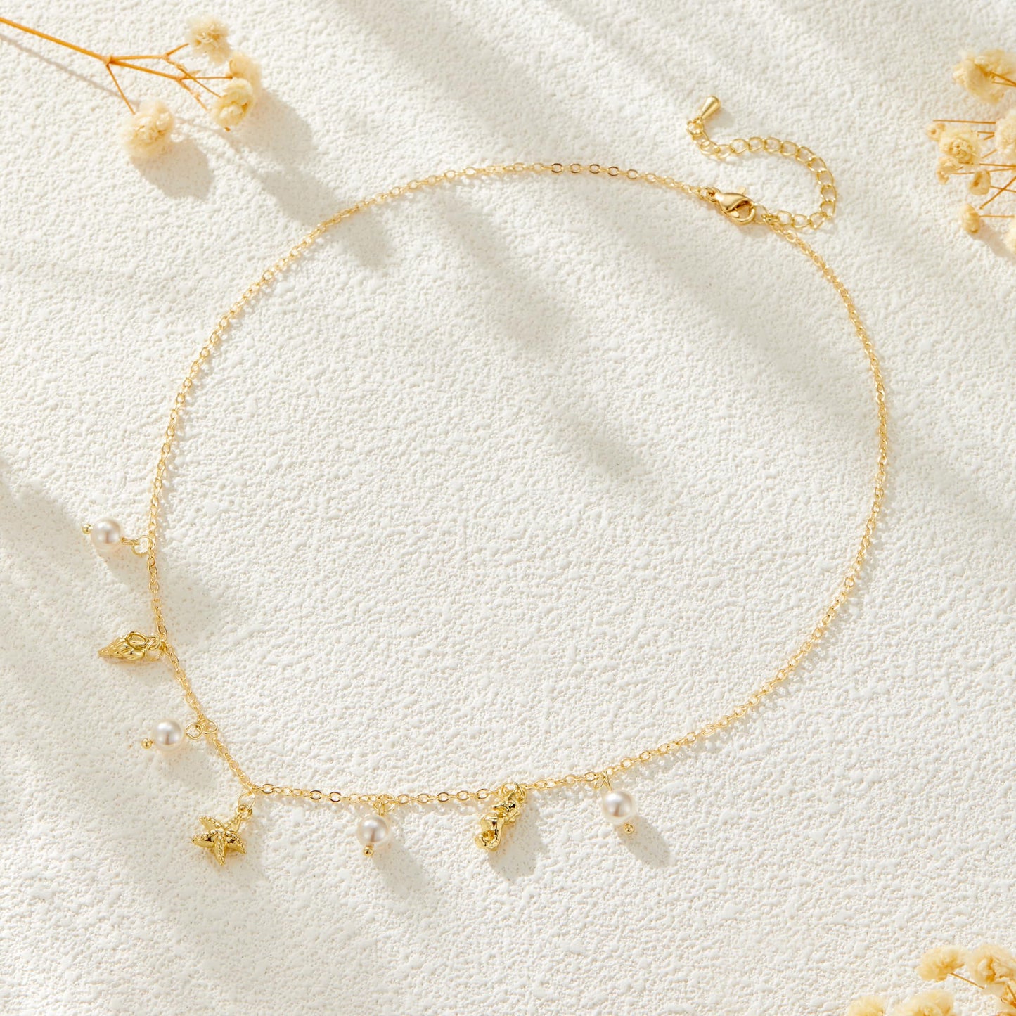 Seashell Starfish Necklace for Women Conch Shell Summer Pearl Beach 14k Gold Layered Dainty Choker (Conch Pearl)
