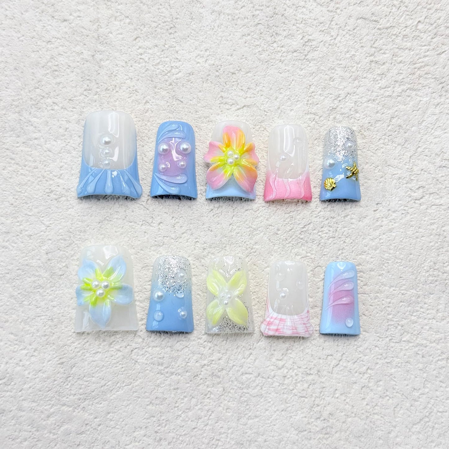 3D Flower Blue Gradient Handmade Press on Nails Shiny White Pearl Design Pink Gradient False Nails with Gold Shell Starfish Artificial Acrylic Full Set Press on Nail for Women Girls 10 Pcs （Size M）