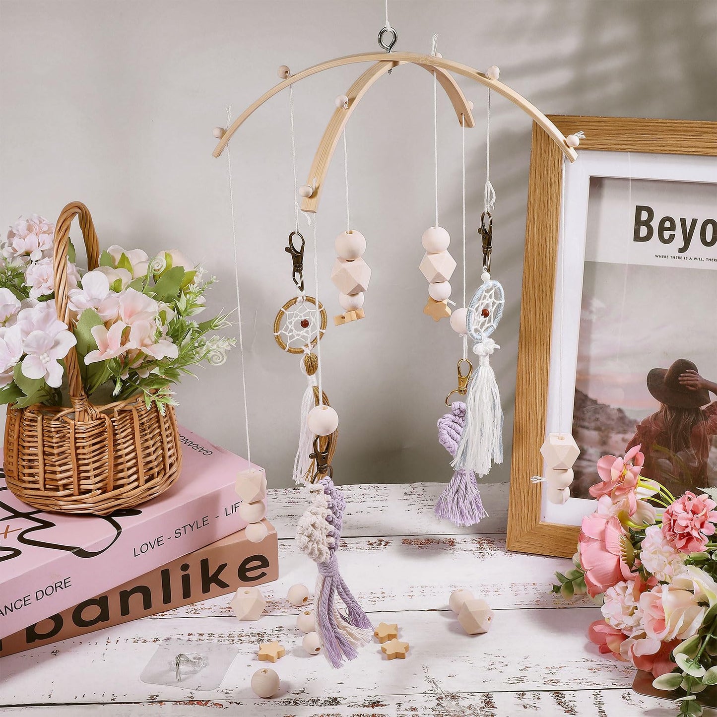 beinkmake Nursery Wooden Frame Handmade Mobile DIY Kit Natural Wood Frame Ornaments Crib Mobile Wind Bed Bell Ceiling Wind Chime Hanging Ornaments, Pentagram