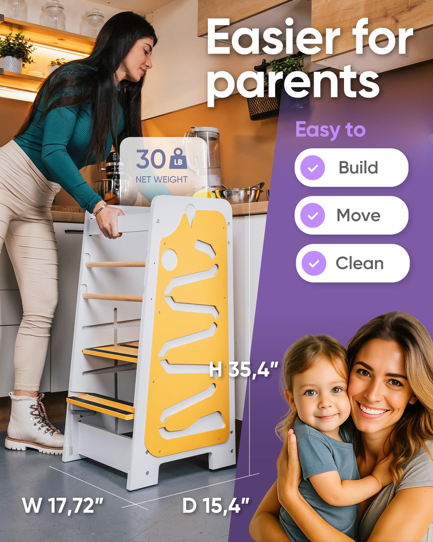 4in1 Toddler Standing Tower 3 Level Adjustable Height [Multifunctional] with Chalkboard, Montessori Inspired Games, Table & Learning Hub - Learning Tower for Kitchen from 18 Mo to 6 Yr - Ship from US