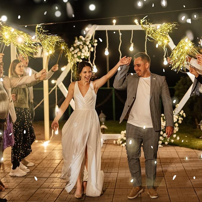 48 Pcs Lighted Wedding Wands LED Tinsel Wands Streamers Wedding Sparklers Send Off Light Sticks for Reception Birthday Exits Baby Shower Concert Christmas Party Favors(Gold)
