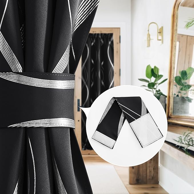 NICETOWN Thermal Insulated Door Blackout Curtains for Bedroom, French Door Curtain with Silver Print Foil Wave Striped Pattern for Narrow Glass, 25 x 72 inches Long, 1 Panel, Black