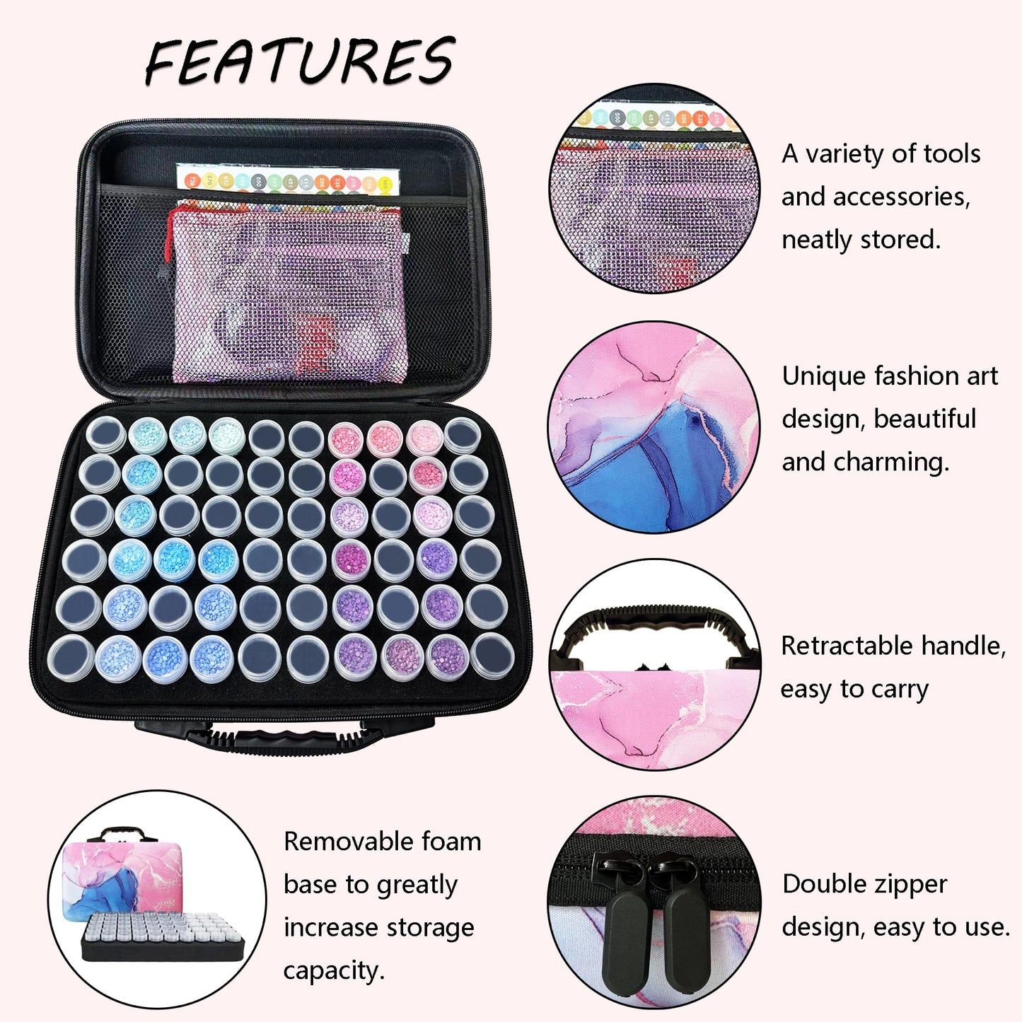 Muzagroo Art Diamond Painting Storage Containers Diamond Art Storage Case with Accessories and Tools Portable Shockproof 60 Slots Organizer Case for Diamond Painting Kits Standard Set (Pink)